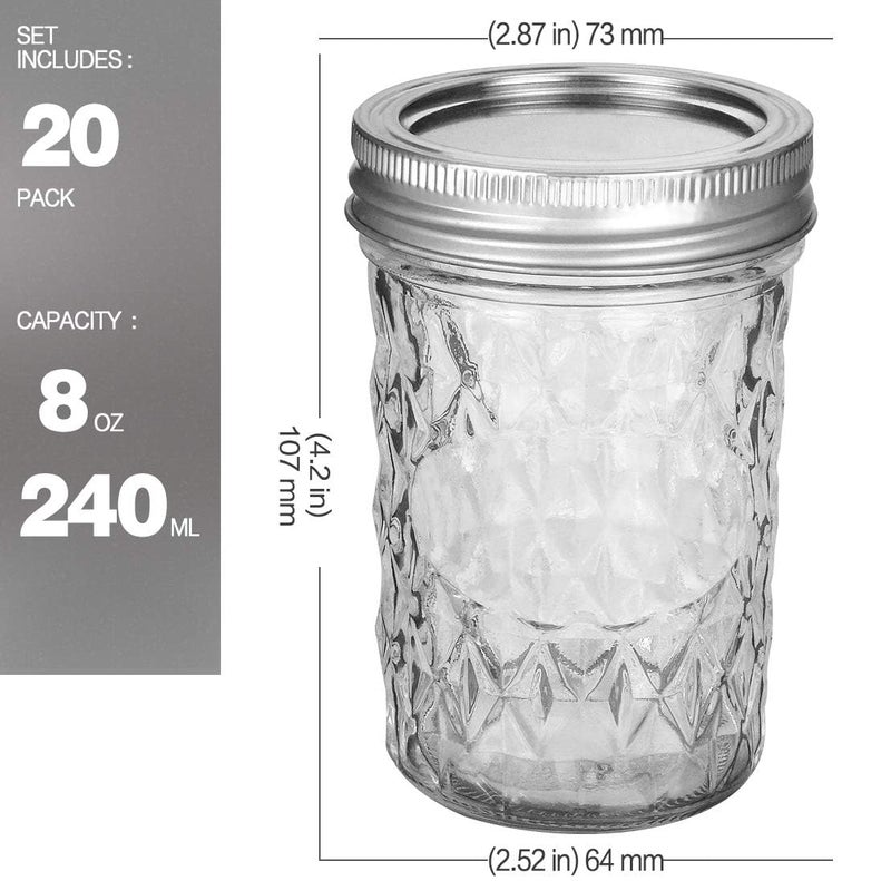 VERONES Mason Jars 8OZ, 8 OZ Canning Jars Jelly Jars with Regular Lids and Bands, Ideal for Jam, Honey, Wedding Favors, Shower Favors, 20 Pack,Extra 20 Lids - Image 2